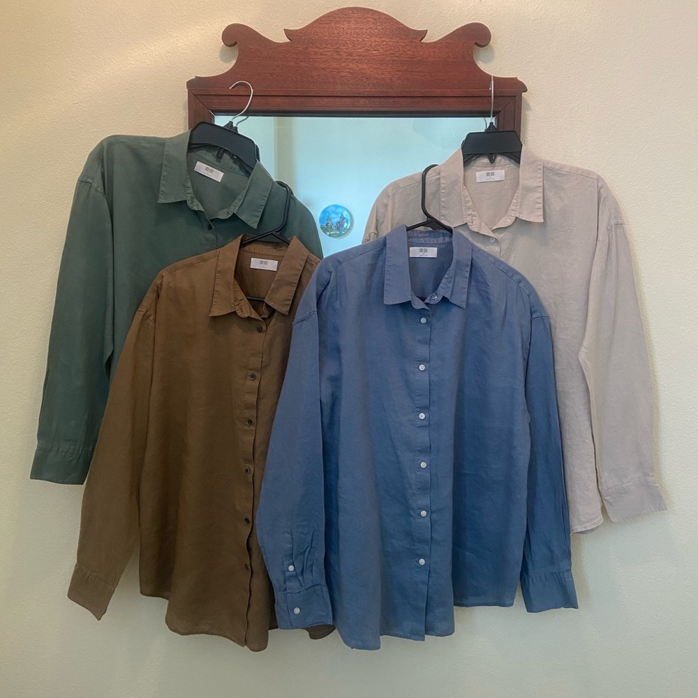 Women’s 2 100%linen blouses.Brown&green available,cream&blue sold.New,worn once.